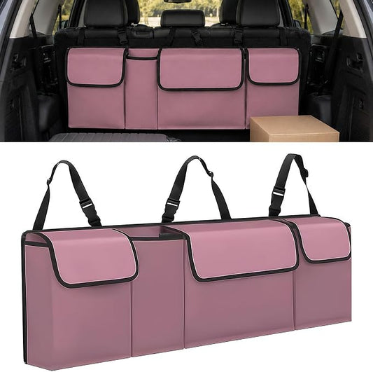 Car Trunk Organizer, Waterproof Backseat Hanging Large Storage with Adjustable Straps, Collapsible Cargo Bag with 4 Pockets, Sturdy Space Saver Frees Trunk Floor for SUV, Truck, MPV (Pink)