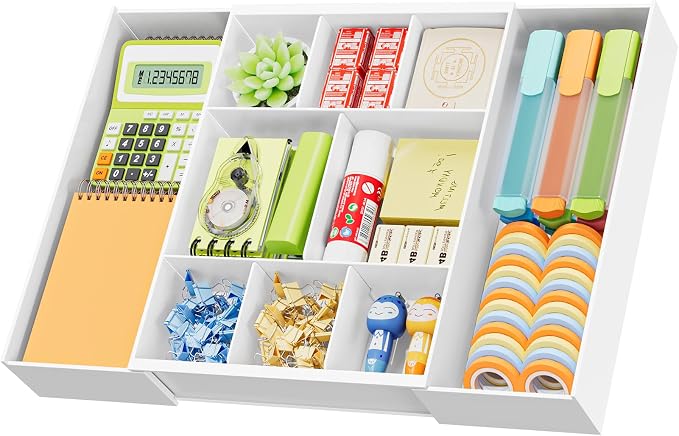 Marbrasse Expandable Desk Drawer Organizer, Clear Plastic Drawer Organizer Tray with 10 Adjustable Compartments, Desk Organizers and Accessories, 5 Drawer Dividers for Office Supplies, Makeup(White)