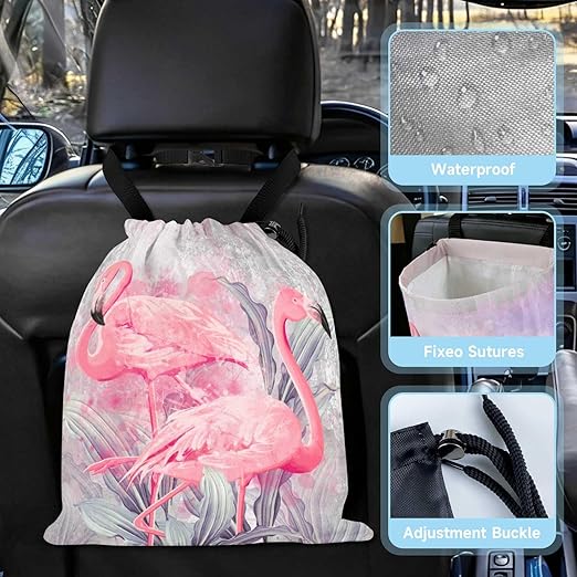 Flamingos Car Trash Bag - Waterproof Car Trash Bag Hanging Leakproof Car Garbage Bag - Washable Reusable Trash Bag for Car Interior Hanging Organizer Storage Vehicle Travelling Camping