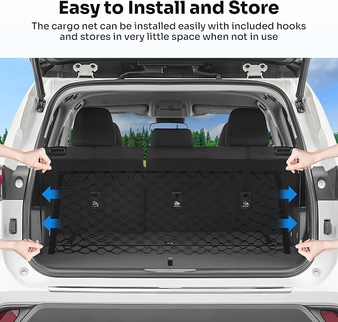 Canvcle Trunk Cargo Net for 2020-2026 Toyota Highlander Accessories Envelope Style Mesh Trunk Net Organizer and Storage Stretchable Adjustable Elastic Nylon Rear Cargo Netting with Hooks