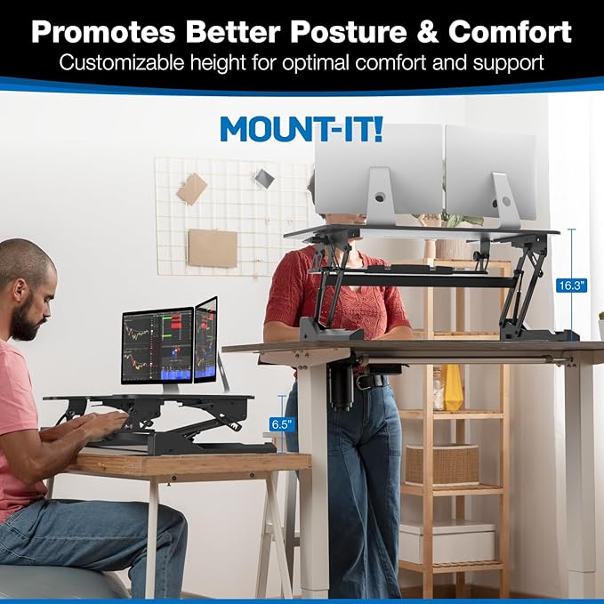Mount-It! Standing Desk Converter - Height Adjustable Stand Up Riser with Manual Lift, 36.5" x 22" Desktop, Stand up Convertor in Black, Fits Dual Monitors, Laptop and Keyboard Mouse Tray