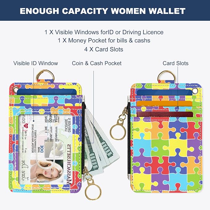 Slim Wallet Credit Card Holder, Jigsaw Puzzle, RFID Wallet Women Cute Small Front Pocket Wallet With Zipper, PU Leather Thin travel RFID Blocking Card Case ID Window,Ladies Gifts