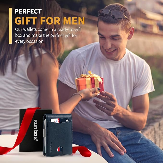 RUNBOX Slim Money Clip Wallets for Men RFID Blocking 11 Card Holder Minimalist Small Leather Bifold Men's Front Pocket Wallet Gift Box