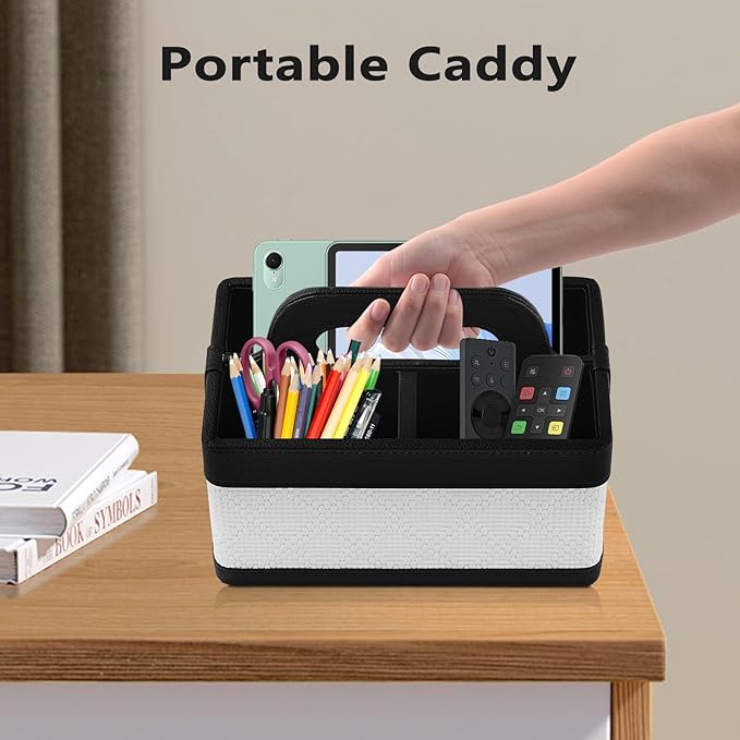 Desk Organizer Caddy with Handle-Portable PU Leather Remote Control Holder-Nightstand Dresser Tote Storage for Sunglasses,Comb,Small iPad,Pen,Heater Controllers,Cosmetics and Office Supplies