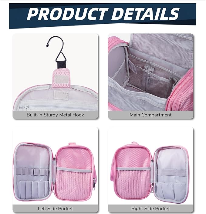 Buruis Hanging Toiletry Bag for Women and Men, Large Water-Resistant Makeup Organizer with Sturdy Hook, Lightweight Nylon Dopp Kit for Full-Sized Toiletries & Cosmetics, Pink