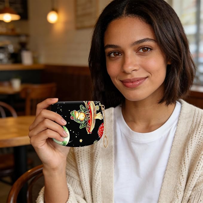 Women's Slim RFID Wallet – Compact Leather Card Holder Wallet for Women, 9 Card Slots RFID Blocking Credit Card Organizer, Small Travel Wallet - Aesthetic Mushroom Frog