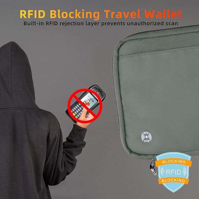WALNEW RFID Family Passport Holder Wallet with Tracker/AirTag Holder, Travel Document Organizer Zipper Pouch with Wristlet and Cross Body Straps for Women Men