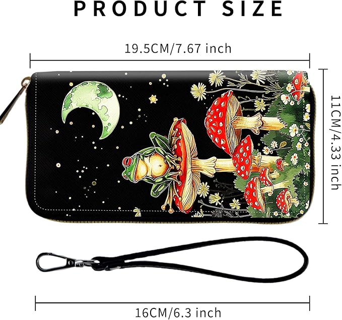 Wallet,Leather Long Wallet Suitable For Ladies And Teenagers - Detachable Wristband + RFID Travel Wallet With Card Slot - Aesthetic Mushroom Frog