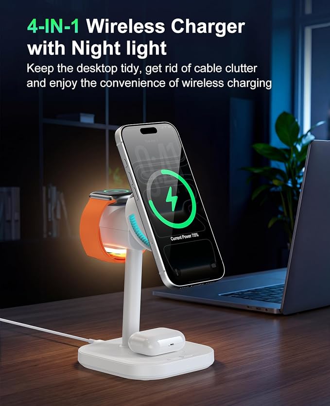 Qi2.2 25W Magnetic 4-in-1 Wireless Charging Station, TEC Active Cooling MagSafe Charger Stand with Night Light, 45W Adapter Included, for iPhone 17-12, iWatch, AirPods, Samsung Gifts for Fathers Day