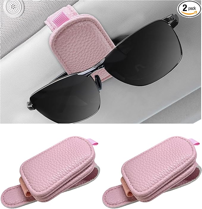 2 PCS Sunglasses Holders for Car Visor, Magnetic Leather Eyeglasses Hanger Mounter Ticket Card Clip, Auto Sun Visor Glasses Holder Business Card Organizer for Men Women (Pink)