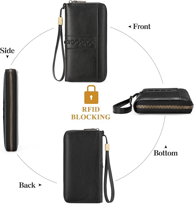 GOIACII Wallet for Women Ladies Wristlet Long Purse Zip Around Clutch RFID Blocking Vegan Leather