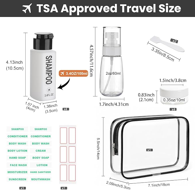 14PCS 3.4oz Travel Bottles for Toiletries Pre-Printed Shampoo, Conditioner, Body Wash, Wide Mouth Containers TSA Approved 2oz Travel Spray Bottle Leak Proof Plastic Cream Jars(Black&White)