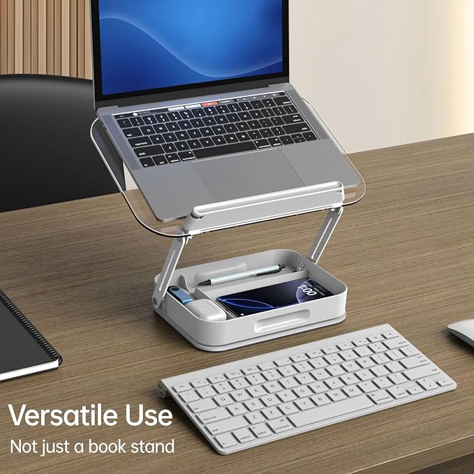 Bisofice Desktop Book Stand for Reading with Rotate Base Acylic Panel Page Clips Storage Compartments Foldable and Angle Adjustable for Laptop Holder Book Magazine Document Tablet (White)