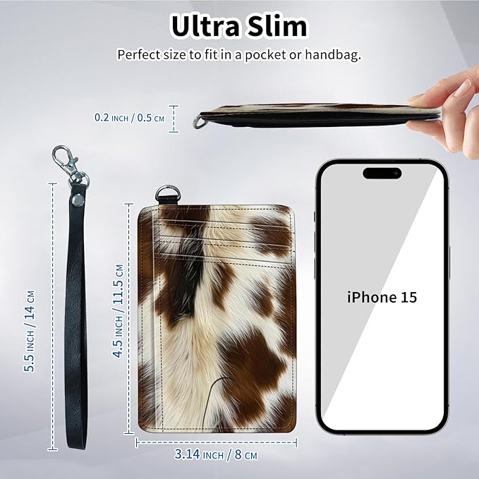 Slim Minimalist Front Pocket Wallet,Credit Card Holder Wallet for Women Men,RFID Blocking Credit Card Holder Case Leather Cute Small Thin Wallet ID Window&Wrist Strap,Brown White Fur Print