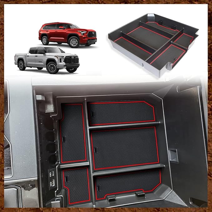 Muslogy Center Console Organizer Compatible with 2022-2025 2026 Toyota Tundra Accessories & 2023-2026 Sequoia Console Storage Box Divider Insert Tray ABS Material with Non-Slip Mats(Rubber Red)