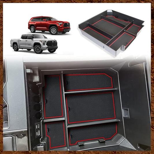 Muslogy Center Console Organizer Compatible with 2022-2025 2026 Toyota Tundra Accessories & 2023-2026 Sequoia Console Storage Box Divider Insert Tray ABS Material with Non-Slip Mats(Rubber Red)