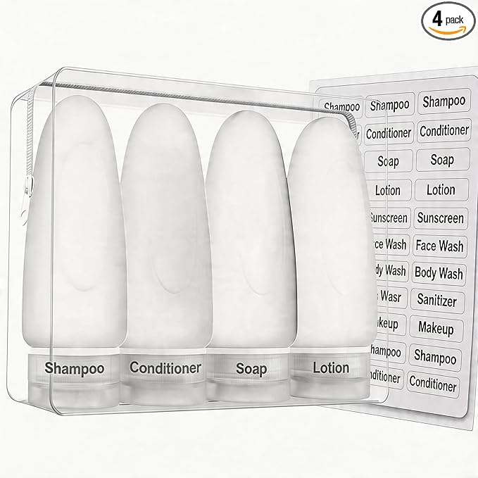 Dot&Dot Leak Proof Travel Bottles - Tubes for Liquid TSA Approved 3oz Silicone Toiletries Travel Shampoo & Conditioner Containers with Labels