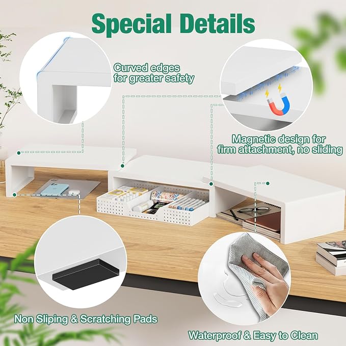 OPNICE Desk Organizer, Dual Computer Monitor Stand Riser with Drawer, Office Desk Accessories & Workspace Organizers, White