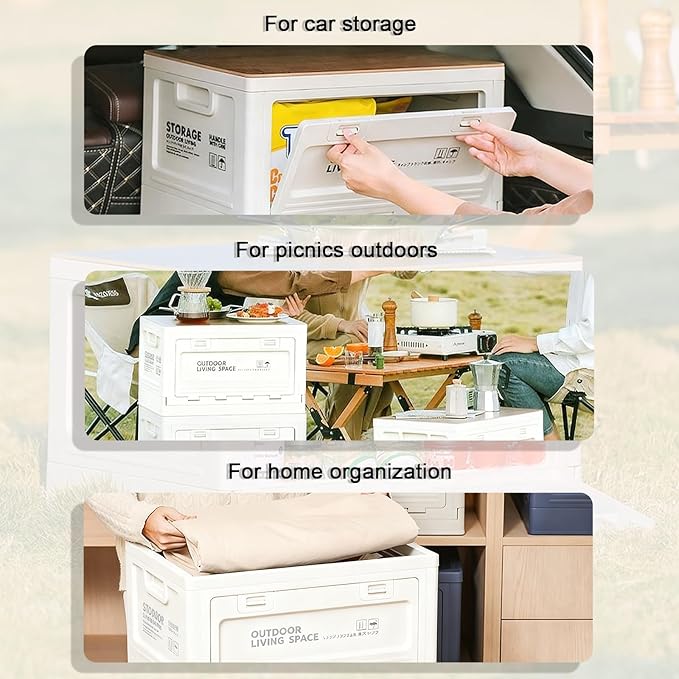 【3-Side Opening 50L Storage Bins with Lids，Portable Foldable Storage Box ，Plastic Stackable Storage Bin for Camp Car RV, Office (White)