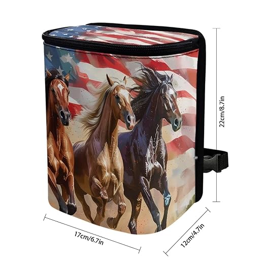 Biyejit American Flag Horse Car Trash Can with Lid Collapsible Car Garage Bag Reusable Hanging Automotive Garbage Bin with Adjustable Strap Car Accessories Interior Car Organizer 4th of July Gift