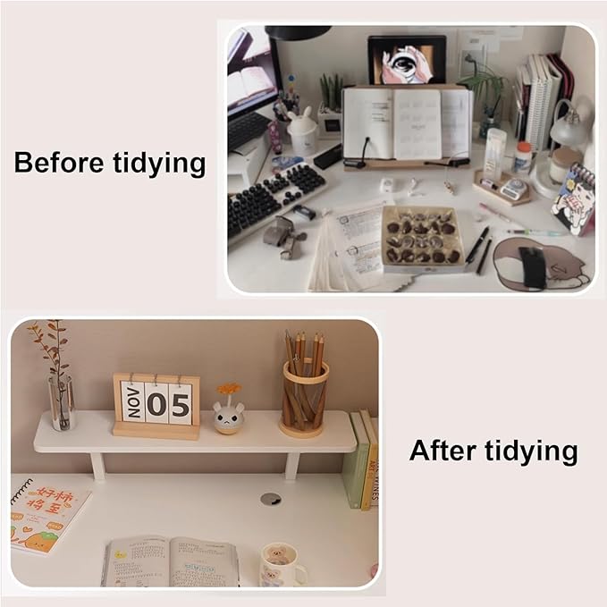 Clamp on Desk Shelf, Clamp on Shelf Stand for Monitor, Clamp-on Desk Mount Monitor Riser Computer Stands, C-Clamp Design with Rubber Pad, Clamp on Base, Spacious Storage Space(Wood,60x20cm)