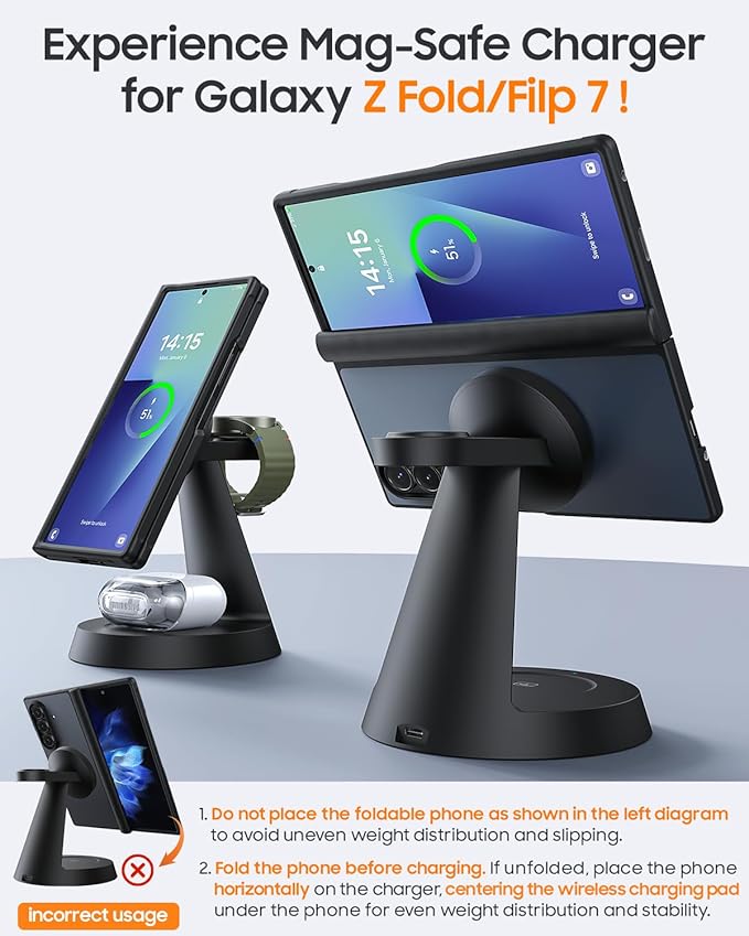 Magnetic Wireless Charger for Samsung, 3 in 1 Charging Station Compatible with MagSafe Samsung Charger for Galaxy S26 Ultra S25 Z Fold7/Flip7, Watch Charger Stand for Galaxy Watch Ultra 8 7, for Buds