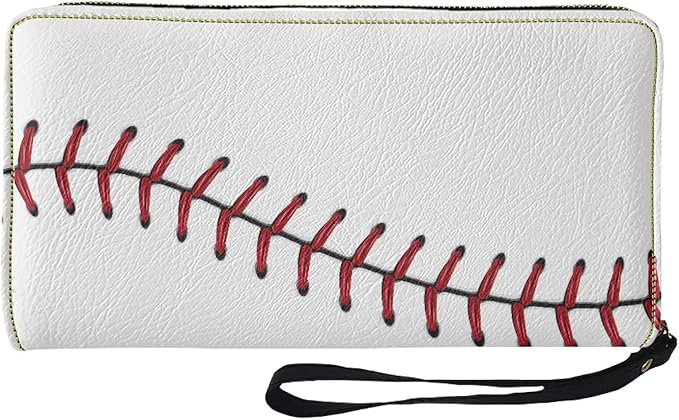 Bulopur White Baseball Print Women Girl Clutch Zip Credit Card Holder Wallet with Wristlet Long Pu Leather Purse