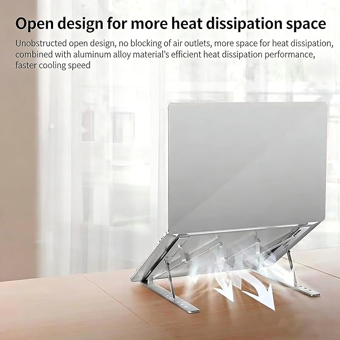Ergonomic 7-Levels Angles Adjustable Laptop Stand, Portable Laptop Stand for Desk, Aluminum + Silicone Foldable Ventilated Cooling Laptop Riser for 10-17” Laptops, Tablets (Silver)