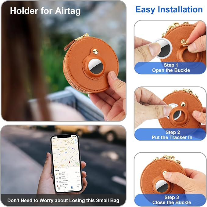 Bocasal Coin Pouch Mini Lipstick Cosmetic Bag with Airtag Holder Mirror, Leather Zipper Travel Makeup Bag Organizer Keychain Ring Clasp for Keys Earbuds Earphone Lip Gloss Chapstick Women Girl (Brown)