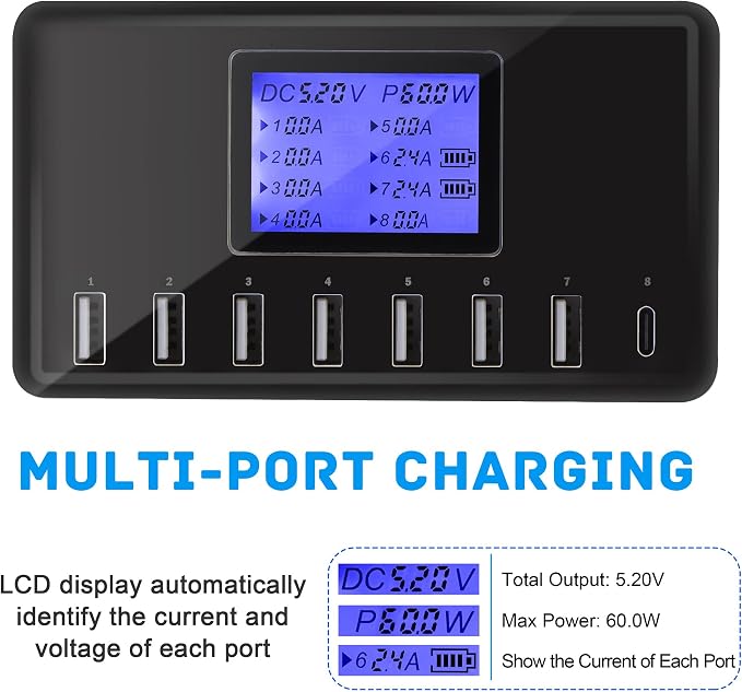 60W 12A 8-Port USB Charging Station - Multi Port USB Hub Charger - Compact Size LCD Display - Compatible with iPhone iPad Samsung Kindle Tablet Bluetooth Earbuds and More