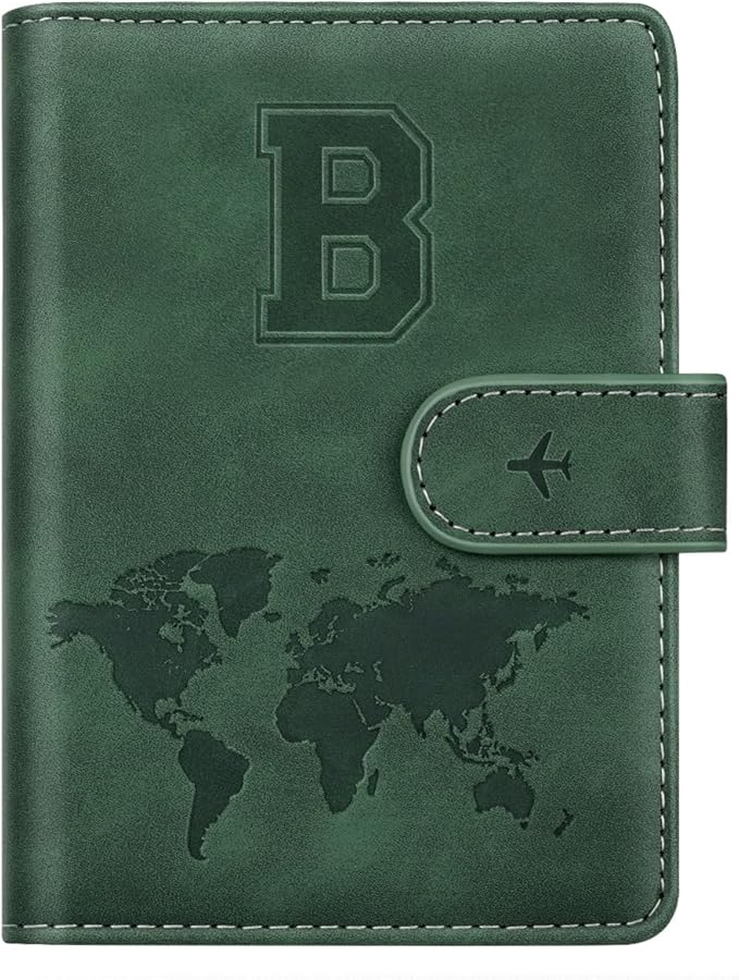 Personalized B Passport Holder Cover Initial Letter Travel Wallet RFID Blocking Passport Cover Credit Card Holder Case Passport Book Holders for Women and Men, Pine Green-B