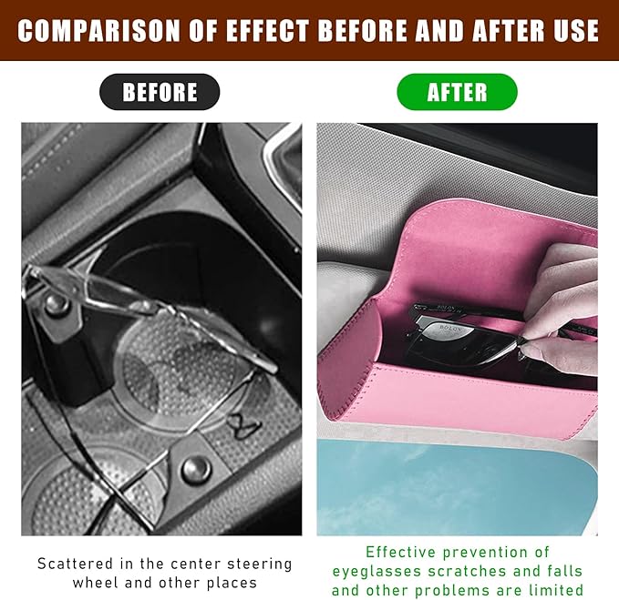 Augeny Sunglasses Holder for Car Sun Visor, Leather Auto Eyeglasses Storage Case with Hidden Magnetic Closure, Protective Glasses Organizer Box, Vehicle Visor Accessories for Woman Man (Pink)