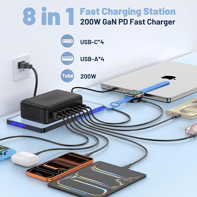 Essri 8-Port USB C Charging Station,65W GaN USB C Charger Block,PD 3.0 Desktop Charger, Power Strip Adapter Compatible with iPhone 17/16/15/14,MacBook Air/Pro,DELL, iPad Pro,Galaxy and More,Black