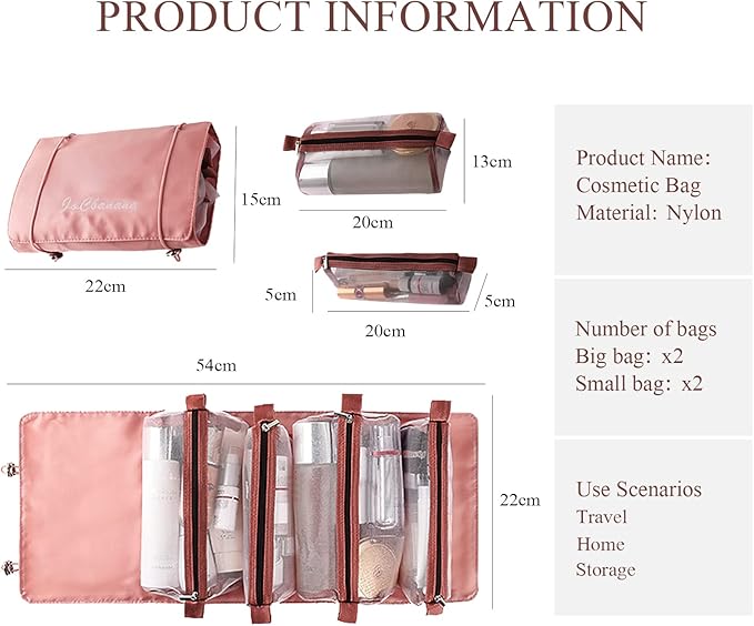 LumiSyne 4 In 1 Detachable Toiletry Bag Hanging Roll-Up Makeup Bag Large Capacity Travel Wash Bag Mesh Cosmetic Bag Portable Foldable Toiletry Bag Waterproof Cosmetic Organizer Bag For Travel Daily