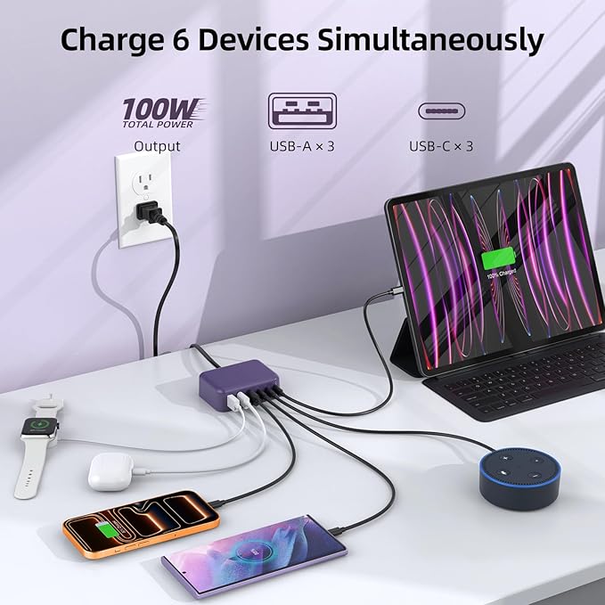 6 in 1 USB Charger, 50% Smaller Charging Station for Multiple Devices, 100W Fast Charging Blocks with Type C Ports, USB Charging Hub Organizer Multiport Power Strip for iPhone, Ipad, Kindle, Travel