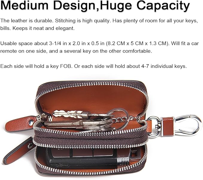 CONTACTS Car Key Case Small Leather Double Zipper Key Holder with 4 Keyrings Keys Organizer for Men Women