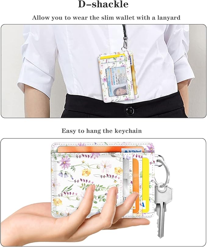 Coco Rossi Slim Front Pocket Wallet RFID ID Card Holder Cute Small Wallet with Keychian for Women,White Daisy