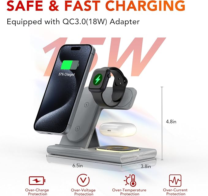 3 in 1 Charging Station for iPhone 17 - Wireless Charger for Apple Products for iPhone 17 16 15 14 13 12 11 Pro Max - Foldable Wireless Charging Station Dock Stand for iWatch Series & AirPods(Gray)