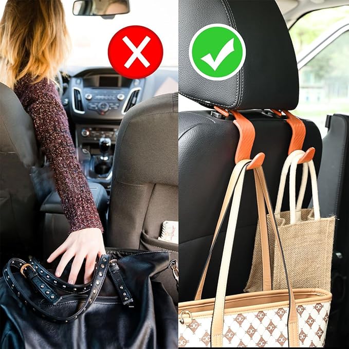 Osilly Car Seat Headrest Hook, 4 Pack Auto Seat Hanger Storage Organizer for Purse Handbag Coats Grocery Bags, Car Interior Accessories, Universal Vehicle Backseat Plastic Hanging Hook (Orange)