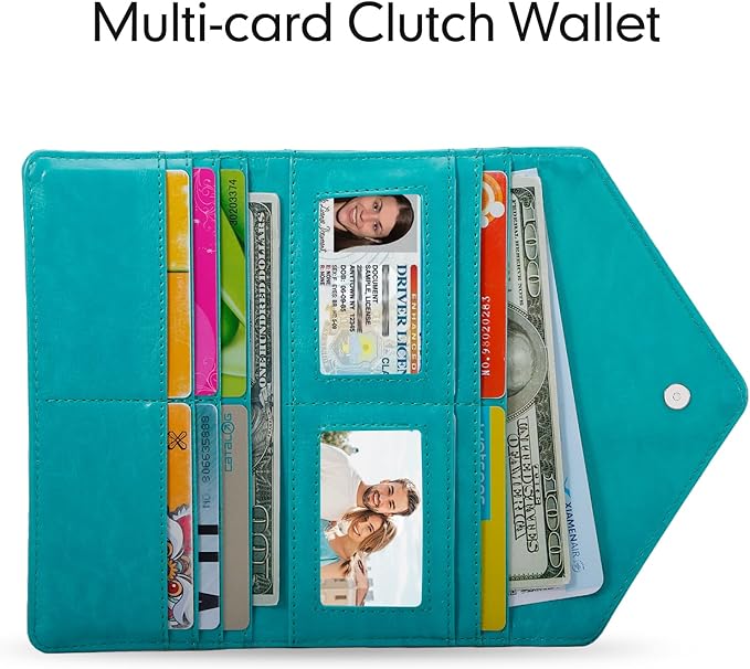 Card Wallet RFID Blocking Envelope Style Tri-fold Checkbook Clutch Slim Vegan Leather 2 ID Windows with Coin Pocket, Green