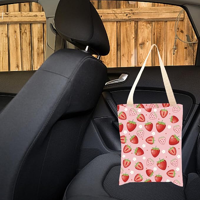 CREATCABIN Strawberry Car Trash Bag Car Garbage Bag Back Seat Organizer Trash Can Bin Cute Printed One-Handed Strap Garbage Bags for Car Accessories Vehicle Travelling Camping Outdoor 11.8x9.84 Inch