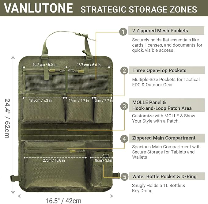 Tactical Car Seat Organizer with Multiple Pockets, MOLLE Panel System & Mesh Compartments, Durable Nylon Universal Vehicle Seat Back Storage with Cup Holder, Water-Resistant (Army Green)