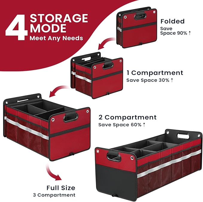 winhunt Car Trunk Organizer, Car Storage Organizer, Collapsible Multi Compartment for Car, Suv, Sedan, Truck, 100L, Extra Larger (Red, 100L)