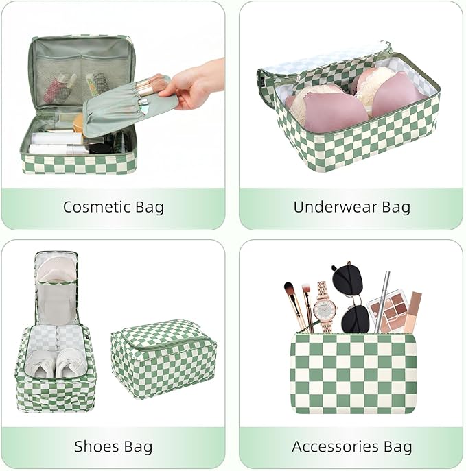 BAGAIL 8 Set Packing Cubes Luggage Packing Organizers for Travel Accessories-Matcha checkered