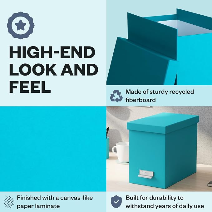 Bigso John Fiberboard Label Frame Desktop File Storage Box - Document Organizer for Important Paperwork - Durable Hanging File Box with a Lid & Metal Label Window - 7.36 x 13.38 x 10.51 in - Turquoise