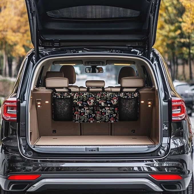 Mushroom Designs Car Trunk Organizer Hanging Car Back Seat Storage Bag with 4 Large Pockets Multipurpose Collapsible Storage Bag Automotive Interior Accessories