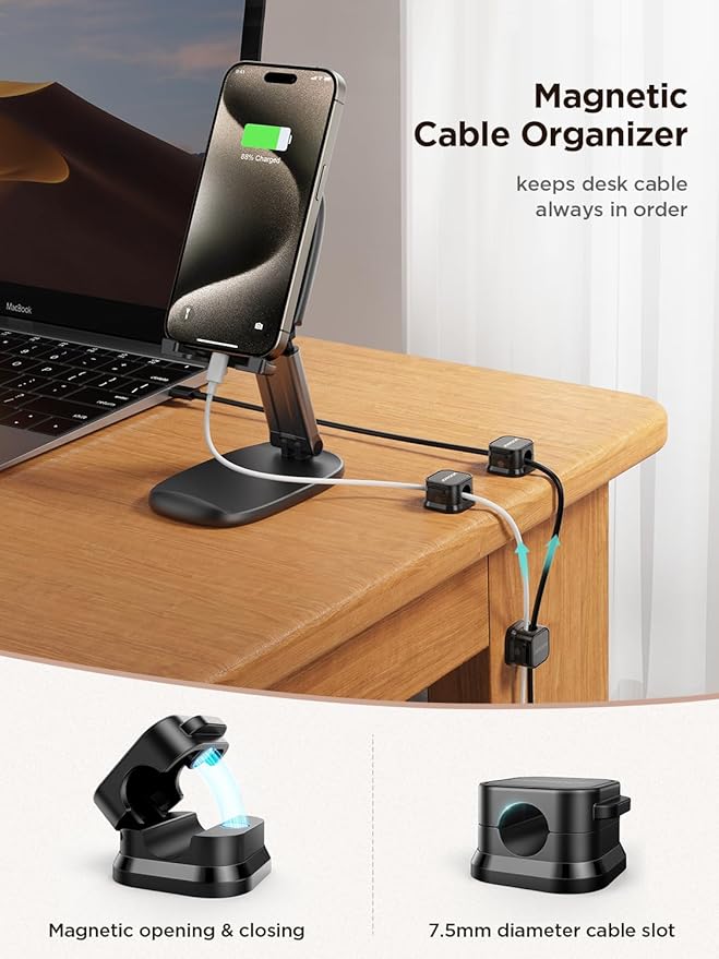 6 Pack Magnetic Cord Holder, Cord Organizer Cable Clip for Desk Management, JOYROOM Smooth Adjustable Cable Clip, Wire Holder Keeper Organizer for Home Office Desk Phone Car Wall Desktop Nightstand