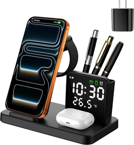 5 in 1 Wireless Charging Station with Alarm Clock Pen Holder, Fast Wireless Charger for iPhone 17/16/15/14/13/12/Pro/Max/Air, for iWatch & AirPods, Charger Stand with Temperature, Snooze Model Black