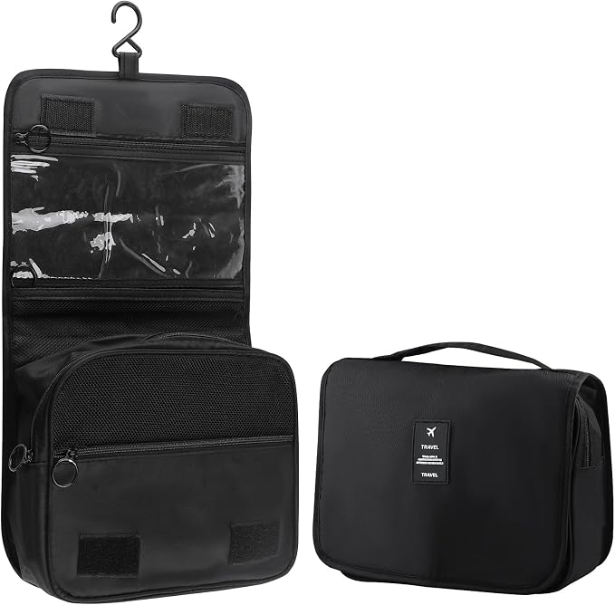 Foldable Hanging Travel Toiletry Bag,Waterproof Portable Travel Bags, Multifunction Travel Makeup Cosmetic Bag Organizer with Hanging Hook (Black)