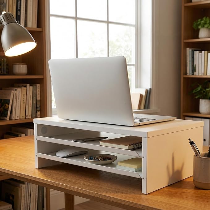 Fenge Monitor Stand, 3-Tier Monitor Riser with Slide-Out Tray, Wooden and Metal Desktop Organizer for Home Office, Computer, Laptop, Printer, Telephone